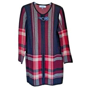 Jones Studio Long Cardigan Women's Medium Open Front Long Sleeve Black Red Plaid